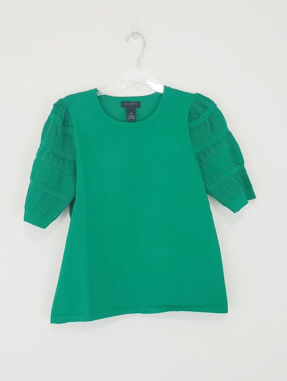 Investments Green Puff Sleeve Short Sleeve Sweater Knit Textured Sleeve Medium